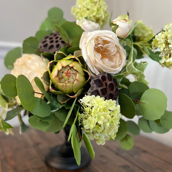 Peony, Artichoke, Hydrangeas, Eucalyptus and Ivy Floral Arrangement