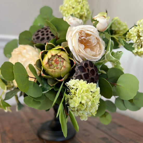 Load image into Gallery viewer, Peony, Artichoke, Hydrangeas, Eucalyptus and Ivy Floral Arrangement

