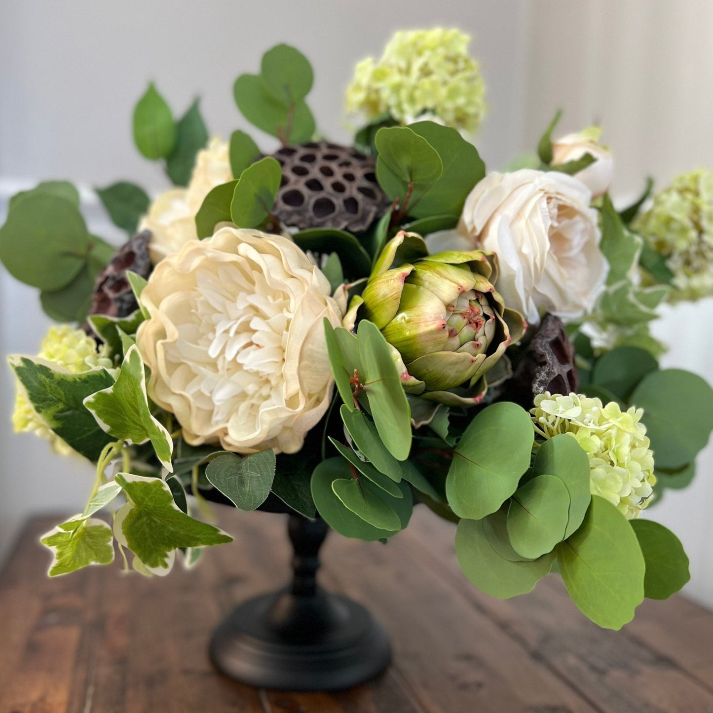 Peony, Artichoke, Hydrangeas, Eucalyptus and Ivy Floral Arrangement – The  Accidental Farmgirl Co