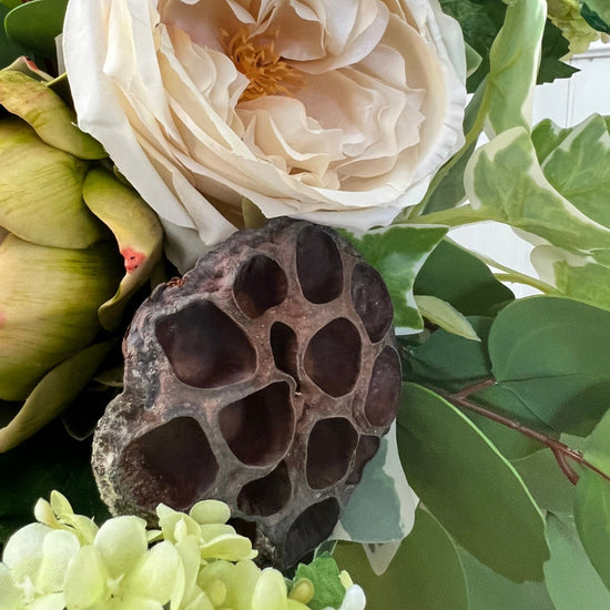 Peony, Artichoke, Hydrangeas, Eucalyptus and Ivy Floral Arrangement