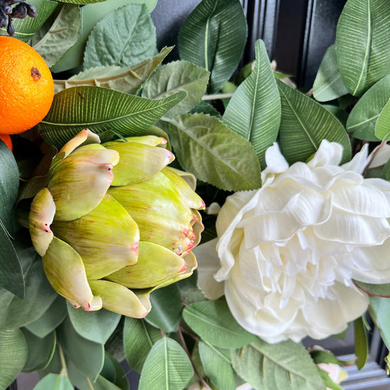 Real Touch Peony, Artichoke, Orange Clusters and Skimmia Wreath