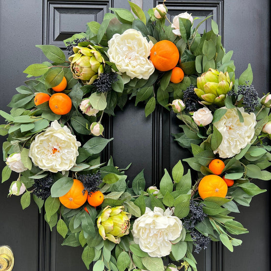 Real Touch Peony, Artichoke, Orange Clusters and Skimmia Wreath