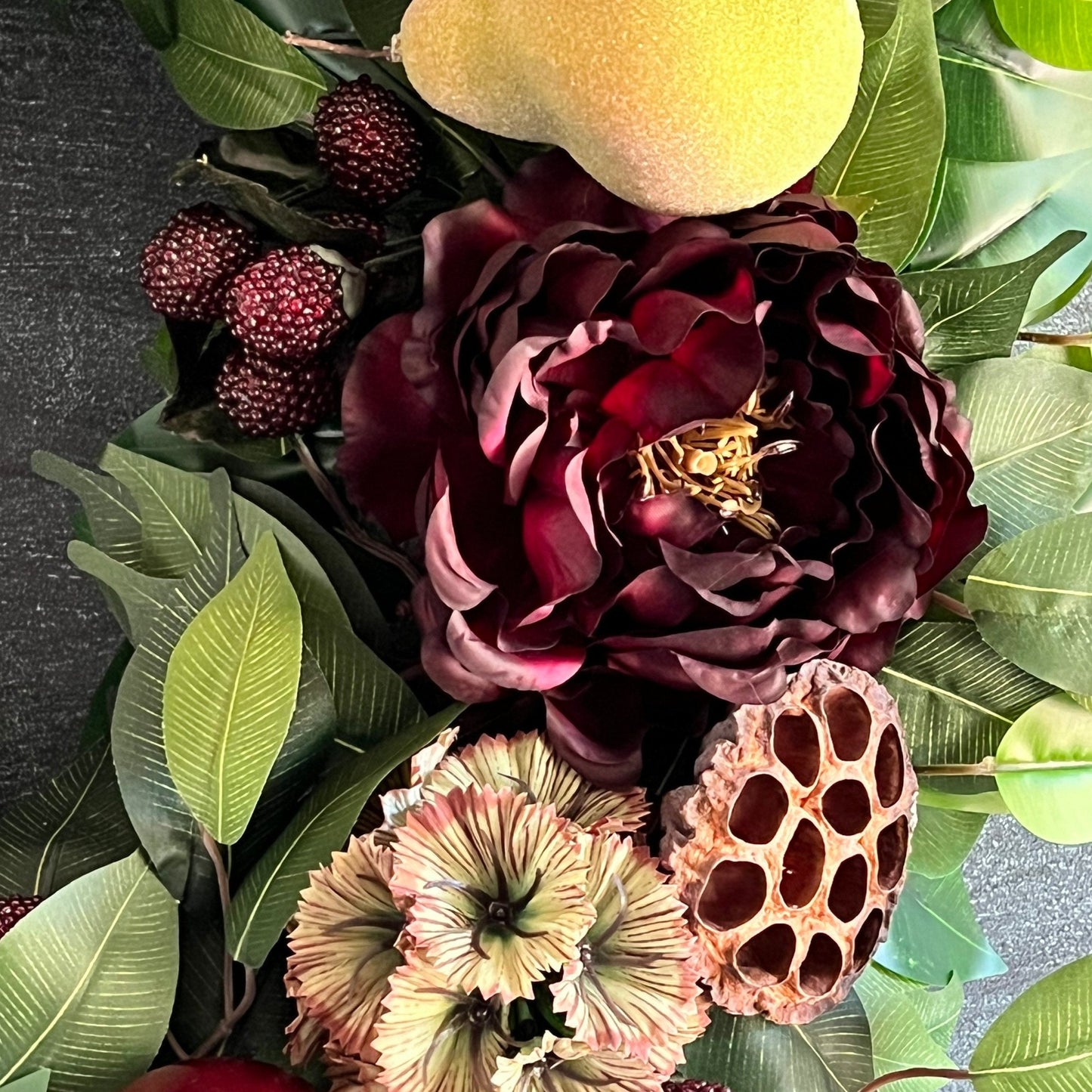 Fall Pear, Plum and Peony Wreath