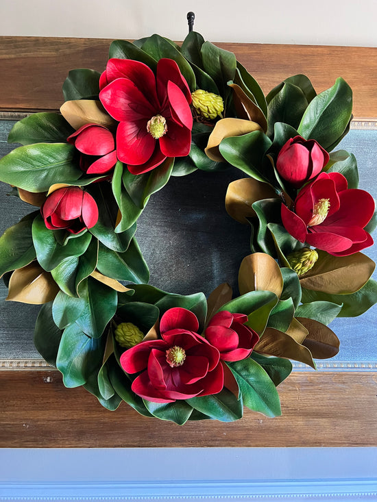 Load image into Gallery viewer, 24” Artificial Magnolia Wreath
